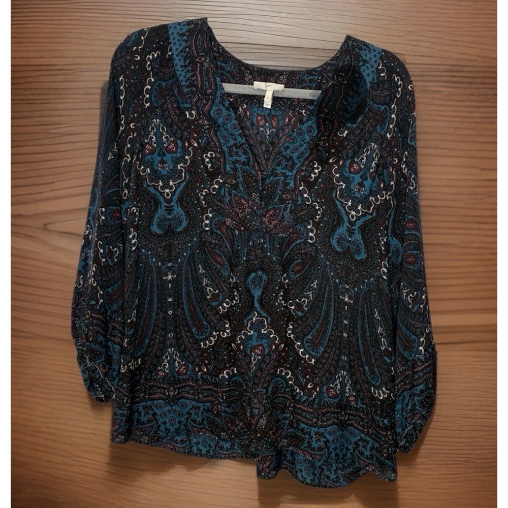Joie Paisley Print Blouse Teal Burgundy V-Neck Long Sleeve Size Small